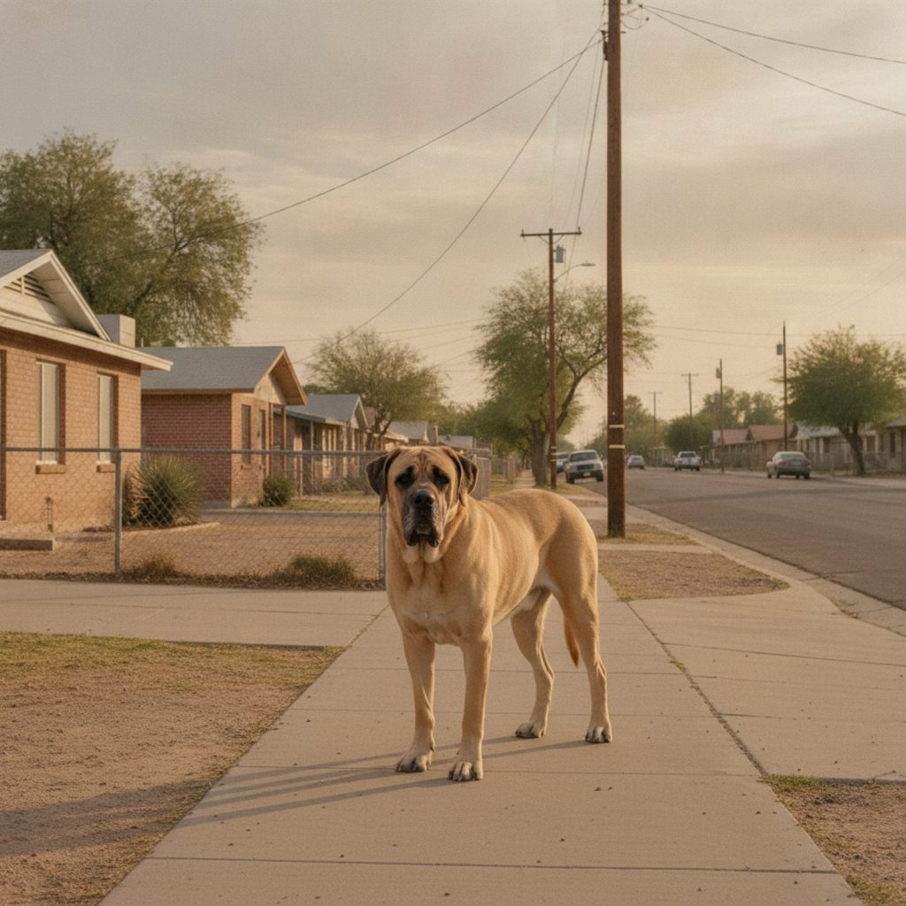Perro grande en una acera de un vecindario en Arizona